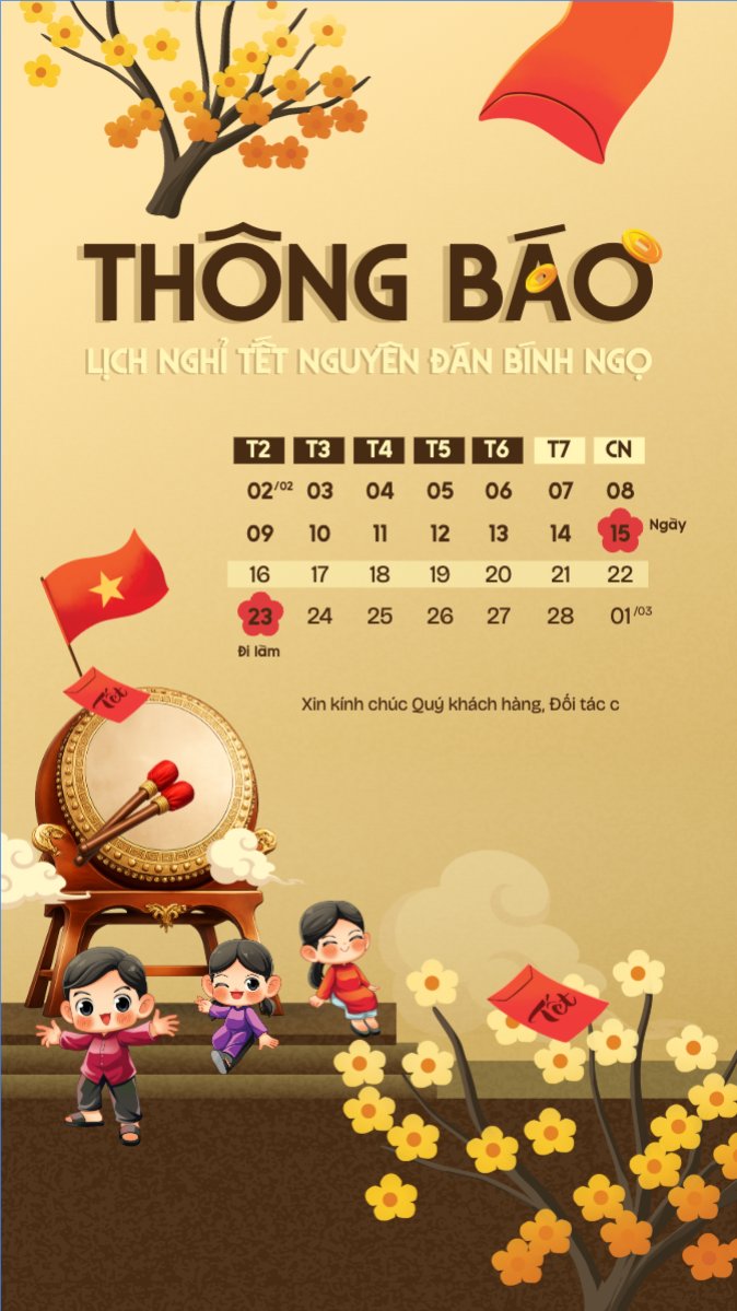 Mẫu Bài post MXH (9:16) Thông báo lịch nghỉ tết nguyên đán Bính Ngọ 2026 — LayerPic