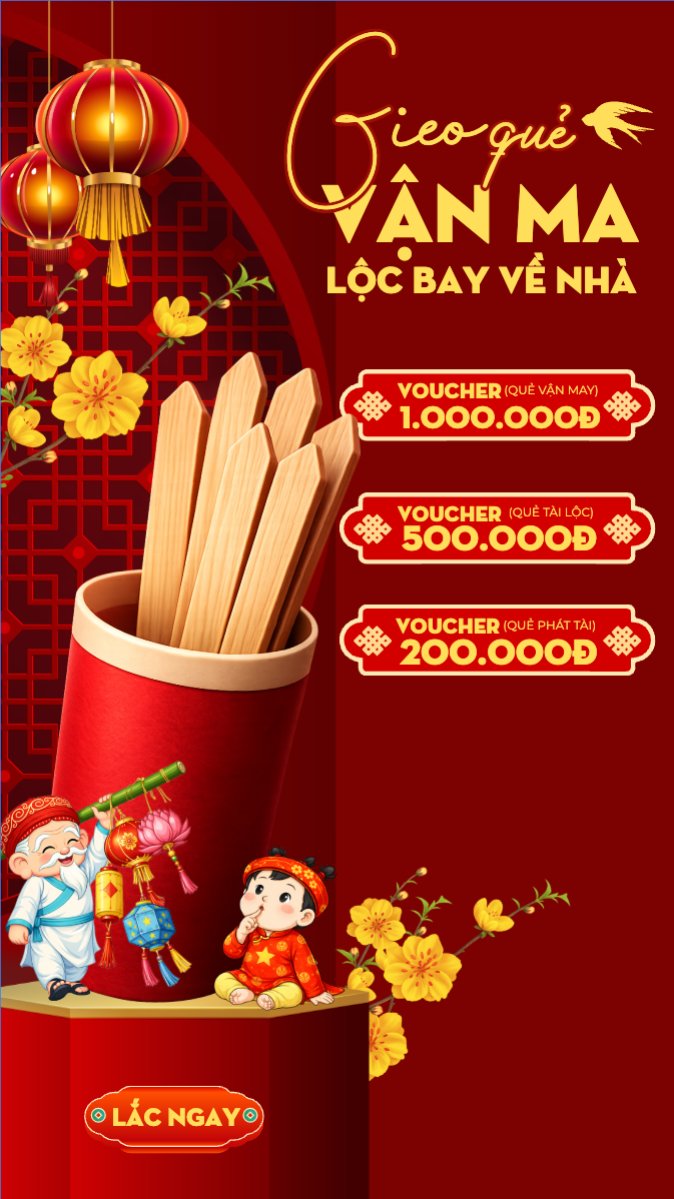 Mẫu Bài post MXH (9:16) Gieo quẻ vận may lộc bay về nhà — LayerPic