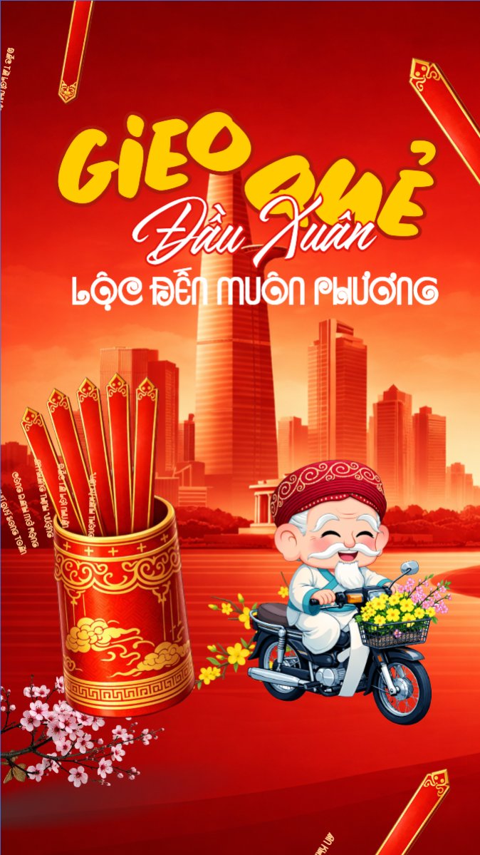 Mẫu Bài post MXH (9:16) Gieo quẻ đầu xuân lộc đến muôn phương — LayerPic