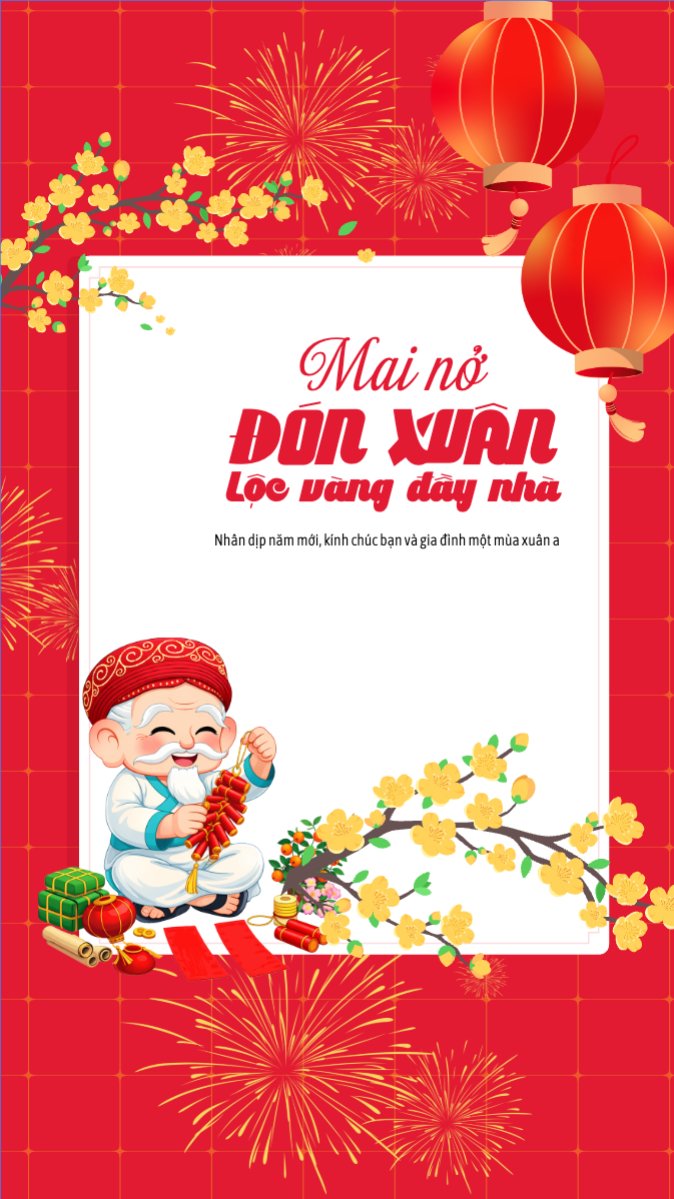 Mẫu Bài post MXH (9:16) Mai nở đón xuân lộc vàng đầy nhà — LayerPic