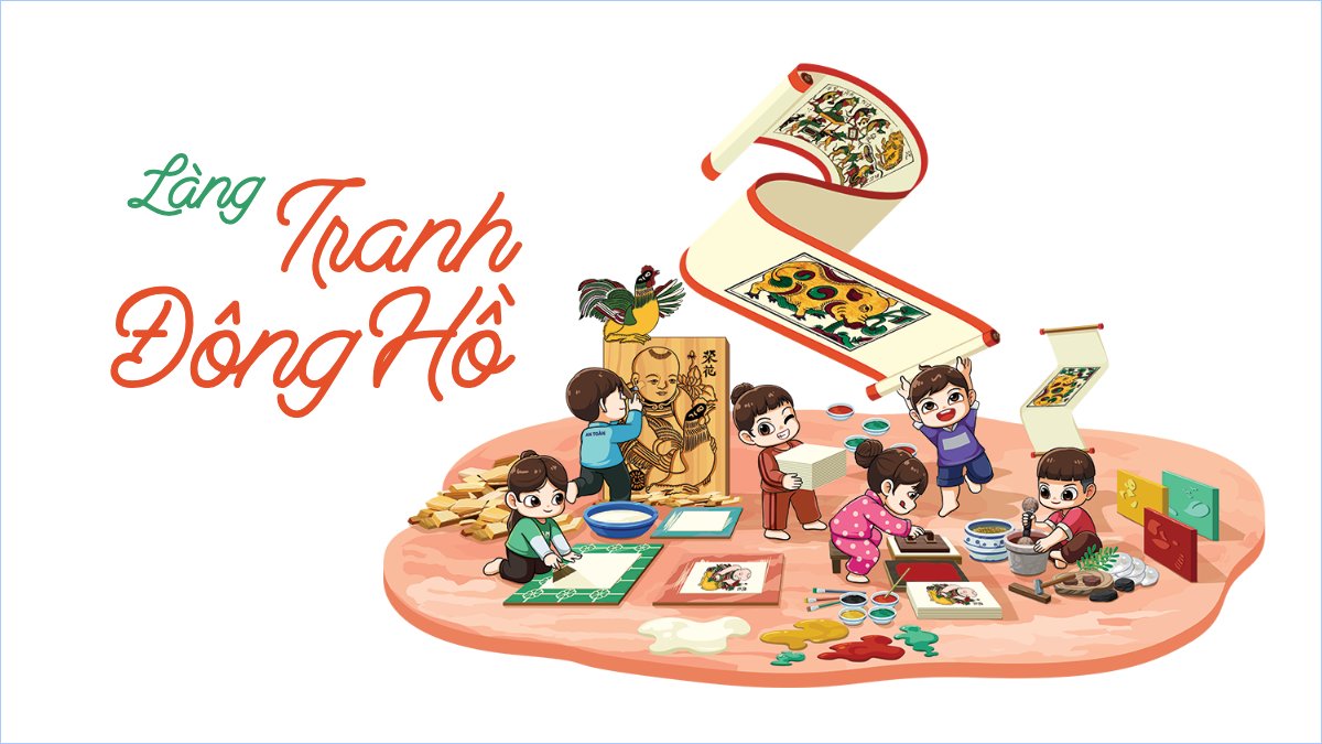Tranh đông hồ, truyền thống, Việt Nam, traditional, dễ thương, cute, chibi, hoạt hình, cartoon
