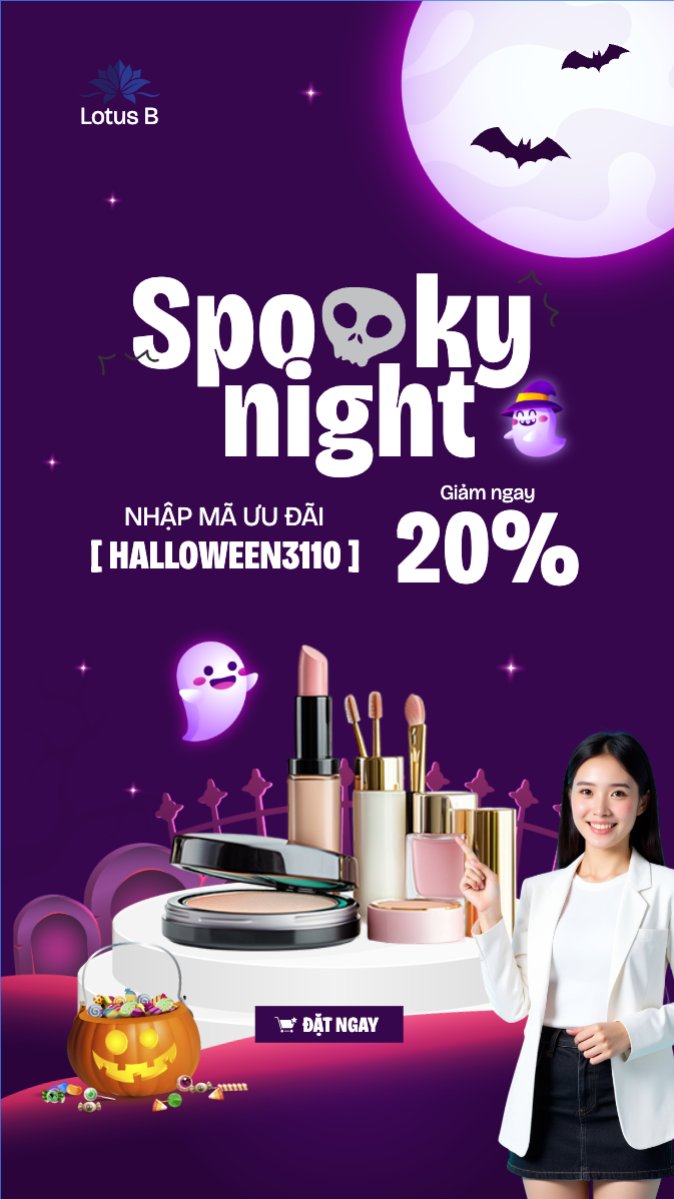 Mẫu Bài post MXH (9:16) Halloween, lễ hội ma quái, thẩm mỹ, cosmetic, beauty, làm đẹp, sự kiện, event, dễ thương, cute, chibi, hoạt hình, cartoon — LayerPic