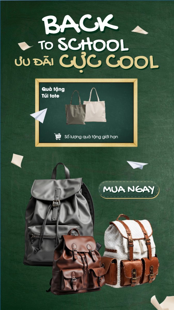 Mẫu Bài post MXH (9:16) Tựu trường, đến trường, nhập học, giáo dục, education, school, trường học, túi, bag, balo, hiện đại, modern — LayerPic