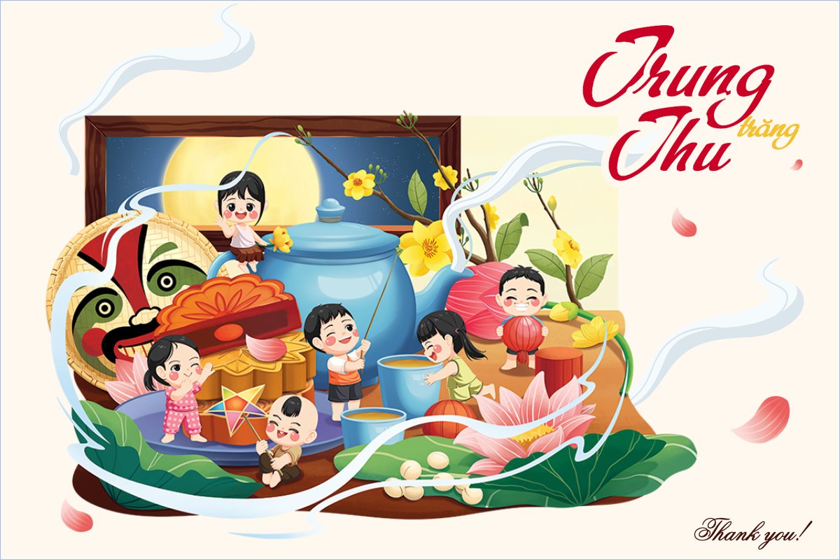 Mẫu Thank you card Trung thu, Tết Đoàn Viên, mid-autumn festival, sự kiện, event, dễ thương, cute, chibi, hoạt hình, cartoon — LayerPic