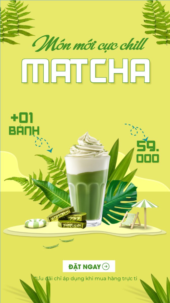 Mẫu Bài post MXH (9:16) Matcha latte, trà xanh, trà sữa, milktea, nước uống, juice, giải khát, F&B, drink, hiện đại — LayerPic
