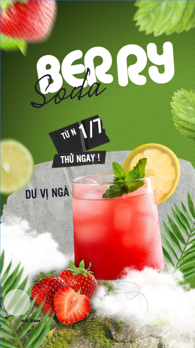 Mẫu Bài post MXH (9:16) Trà dâu, nước uống, juice, giải khát, F&B, drink, cafe, coffee, cà phê, trà sữa, milk tea, hiện đại — LayerPic