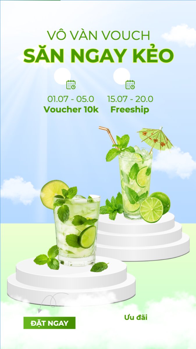Mẫu Bài post MXH (9:16) Trà chanh, nước ép, bánh ngọt, cake, ẩm thực, nước uống, juice, giải khát, F&B, drink, hiện đại — LayerPic