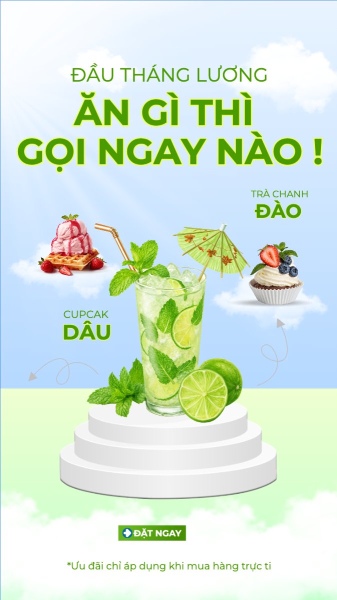 Mẫu Bài post MXH (9:16) Trà chanh, nước ép, bánh ngọt, cake, ẩm thực, nước uống, juice, giải khát, F&B, drink, hiện đại — LayerPic