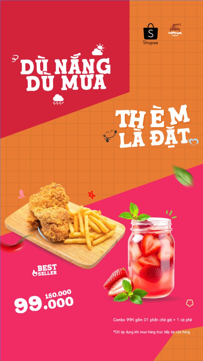 Mẫu Bài post MXH (9:16) Gà, gá rán, trà dâu, nước uống, đồ ăn, food, thực phẩm, ẩm thực, món ăn, F&B, nhà hàng, thức ăn, dễ thương, hiện đại — LayerPic