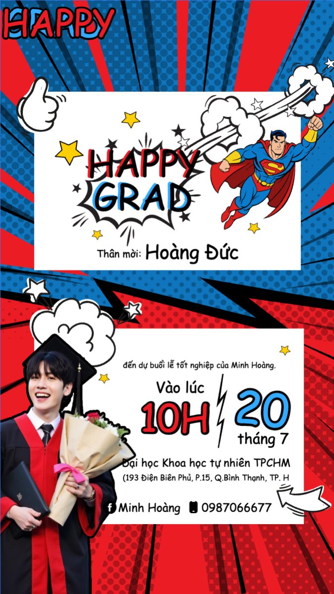 Mẫu Bài post MXH (9:16) Tốt nghiệp, graduation, giáo dục, education, sự kiện, event, hoạt hình, cartoon, superman — LayerPic