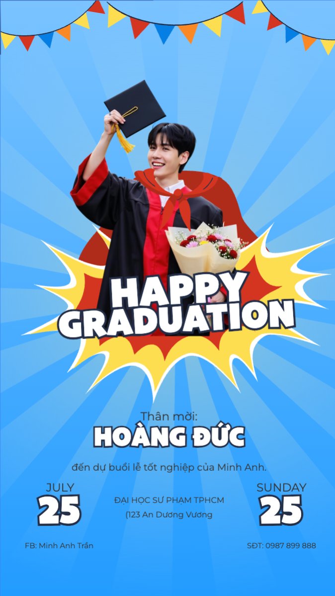 Mẫu Bài post MXH (9:16) Tốt nghiệp, graduation, giáo dục, education, sự kiện, event, hoạt hình, cartoon, superman — LayerPic