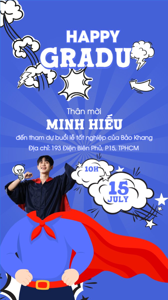 Mẫu Bài post MXH (9:16) Tốt nghiệp, graduation, giáo dục, education, sự kiện, event, hoạt hình, cartoon, superman — LayerPic