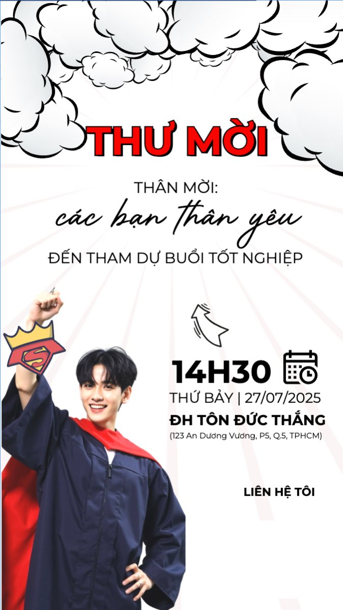 Mẫu Bài post MXH (9:16) Tốt nghiệp, graduation, giáo dục, education, sự kiện, event, hoạt hình, cartoon, superman — LayerPic