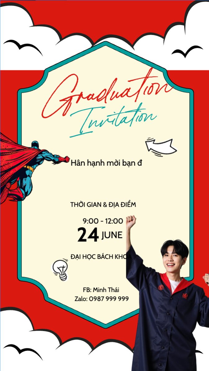 Mẫu Bài post MXH (9:16) Tốt nghiệp, graduation, giáo dục, education, sự kiện, event, hoạt hình, cartoon, superman — LayerPic