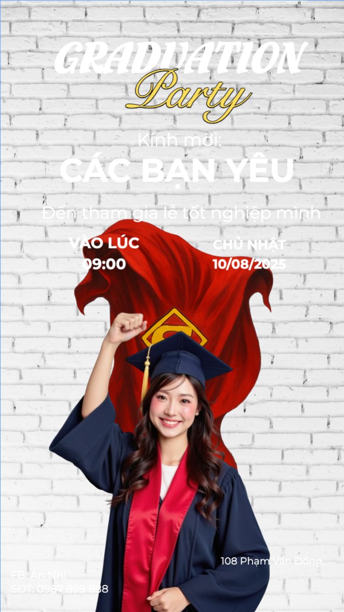 Mẫu Bài post MXH (9:16) Tốt nghiệp, graduation, giáo dục, education, sự kiện, event, hoạt hình, cartoon, superwoman — LayerPic