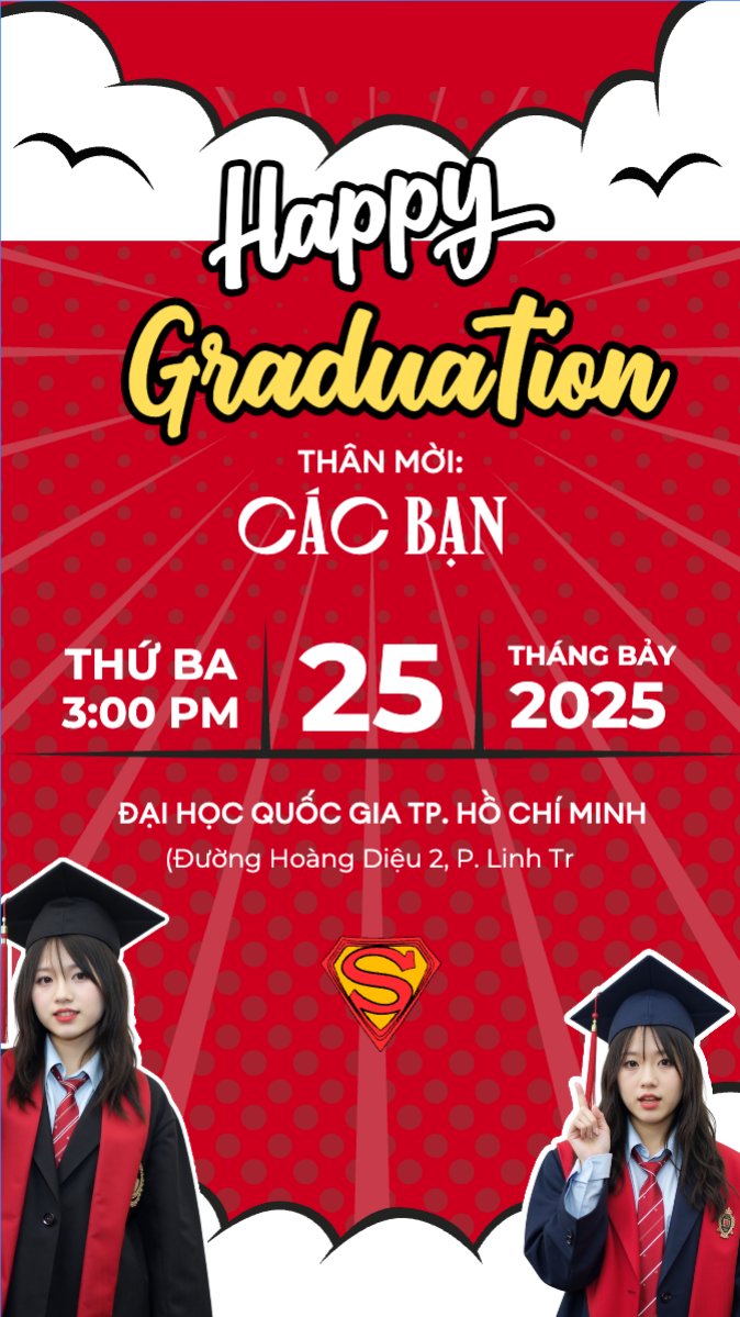 Mẫu Bài post MXH (9:16) Tốt nghiệp, graduation, giáo dục, education, sự kiện, event, hoạt hình, cartoon, superman — LayerPic