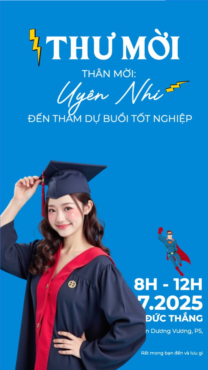 Mẫu Bài post MXH (9:16) Tốt nghiệp, graduation, giáo dục, education, sự kiện, event, hoạt hình, cartoon, superwoman — LayerPic