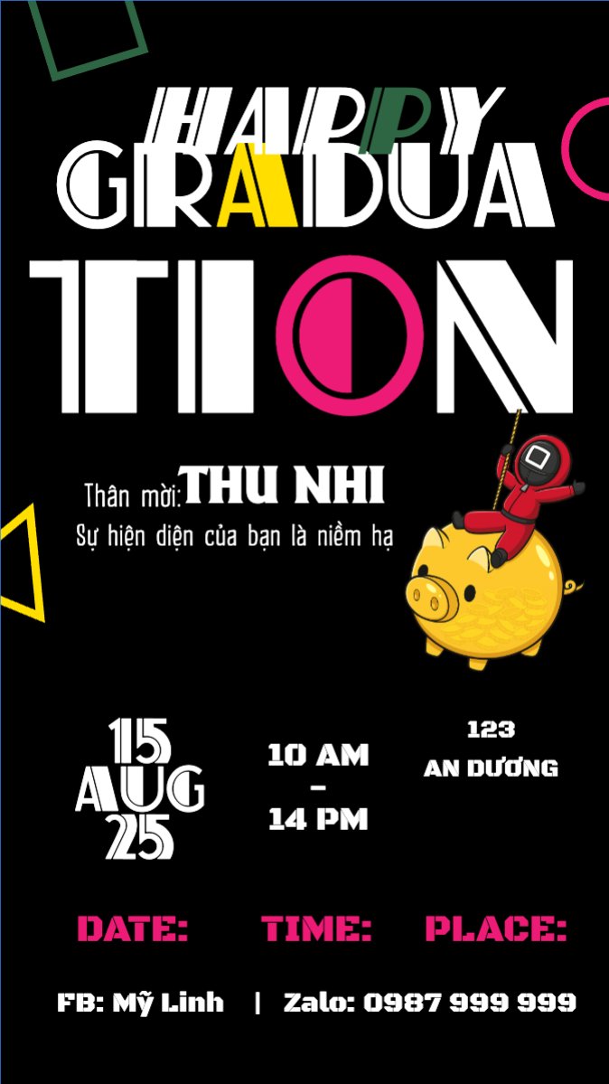 Mẫu Bài post MXH (9:16) Tốt nghiệp, graduation, giáo dục, education, sự kiện, event, hoạt hình, cartoon, squid game — LayerPic