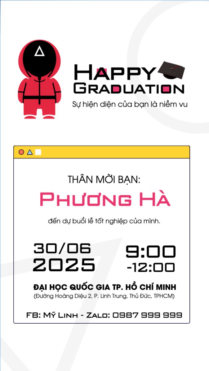 Mẫu Bài post MXH (9:16) Tốt nghiệp, graduation, giáo dục, education, sự kiện, event, hoạt hình, cartoon, squid game — LayerPic