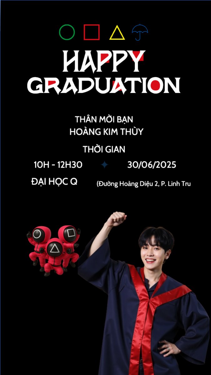 Mẫu Bài post MXH (9:16) Tốt nghiệp, graduation, giáo dục, education, sự kiện, event, hoạt hình, cartoon, squid game — LayerPic