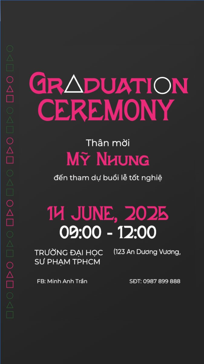 Mẫu Bài post MXH (9:16) Tốt nghiệp, graduation, giáo dục, education, sự kiện, event, hoạt hình, cartoon, squid game — LayerPic