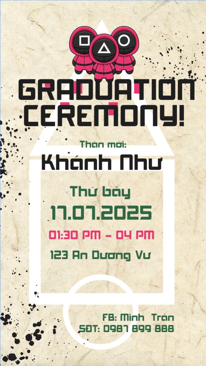 Mẫu Bài post MXH (9:16) Tốt nghiệp, graduation, giáo dục, education, sự kiện, event, hoạt hình, cartoon, squid game — LayerPic