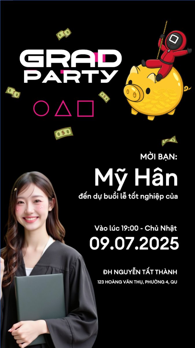 Mẫu Bài post MXH (9:16) Tốt nghiệp, graduation, giáo dục, education, sự kiện, event, hoạt hình, cartoon, squid game — LayerPic