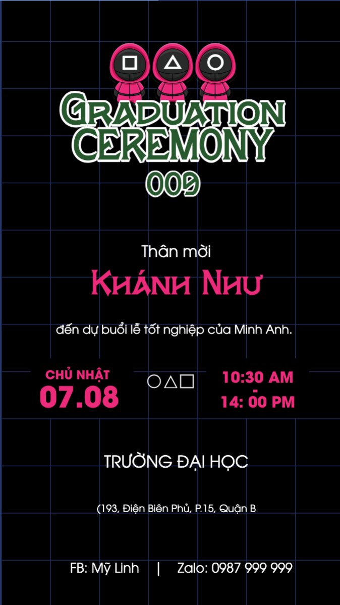 Mẫu Bài post MXH (9:16) Tốt nghiệp, graduation, giáo dục, education, sự kiện, event, hoạt hình, cartoon, squid game — LayerPic