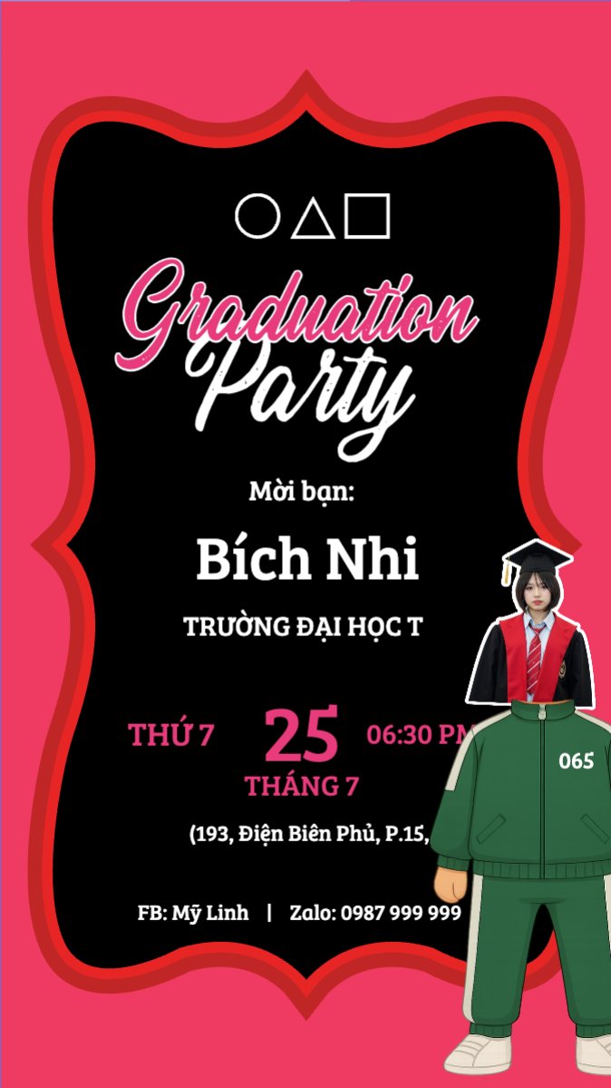 Mẫu Bài post MXH (9:16) Tốt nghiệp, graduation, giáo dục, education, sự kiện, event, hoạt hình, cartoon, squid game — LayerPic