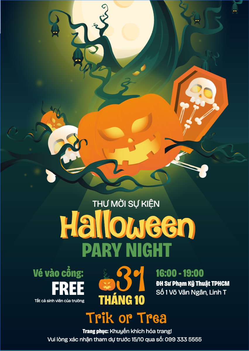 Mẫu Thư mời Halloween, lễ hội ma quái, sự kiện, event, dễ thương, cute, chibi, hoạt hình, cartoon — LayerPic
