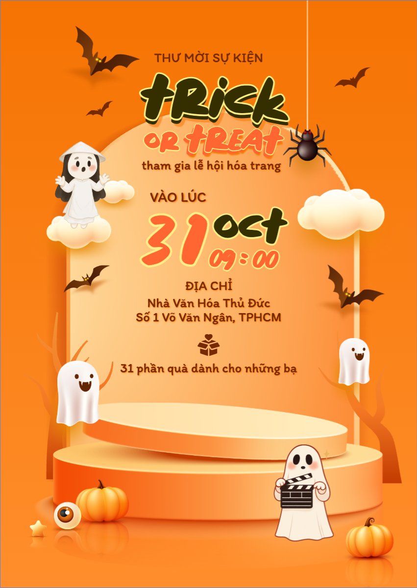Mẫu Thư mời Halloween, lễ hội ma quái, sự kiện, event, dễ thương, cute, chibi, hoạt hình, cartoon — LayerPic