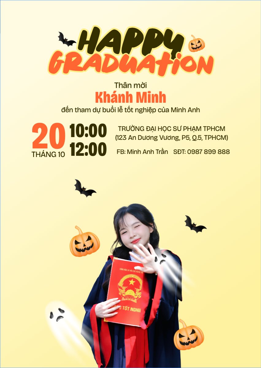 Mẫu Thư mời Halloween, tốt nghiệp, graduate, lễ hội ma quái, sự kiện, event, dễ thương, cute, chibi, hoạt hình, cartoon — LayerPic
