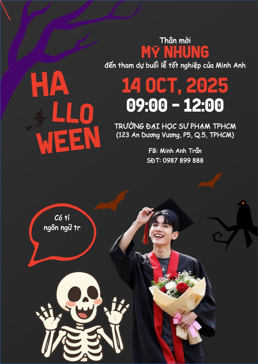 Mẫu Thư mời Halloween, tốt nghiệp, graduate, lễ hội ma quái, sự kiện, event, dễ thương, cute, chibi, hoạt hình, cartoon — LayerPic