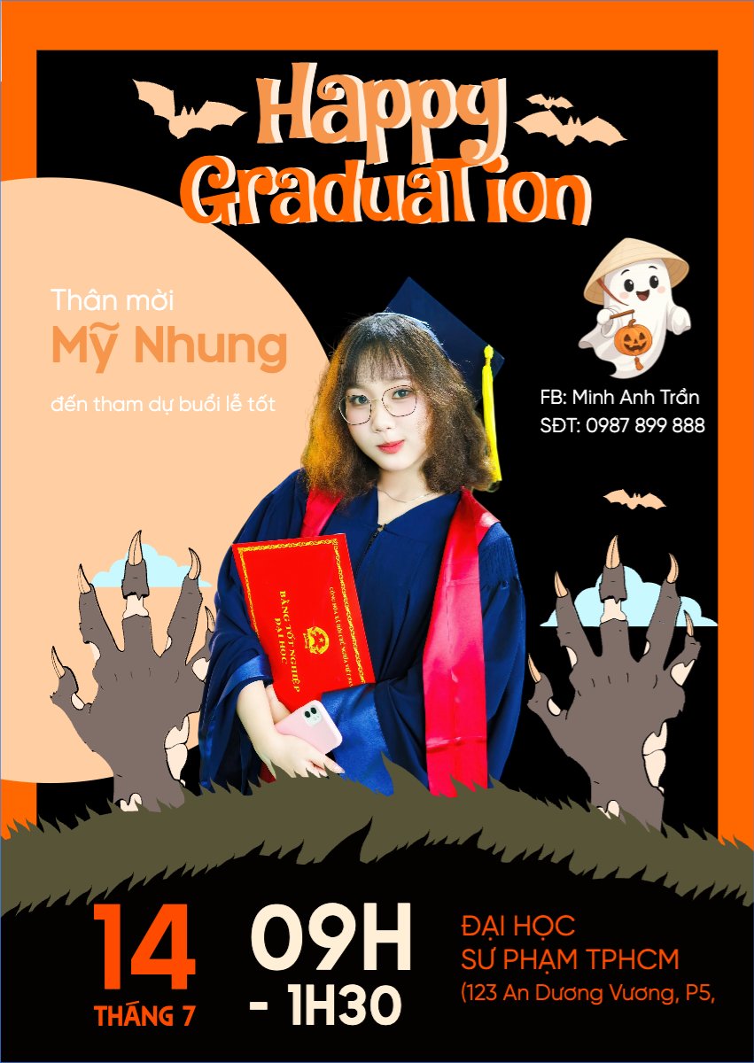 Mẫu Thư mời Halloween, tốt nghiệp, graduate, lễ hội ma quái, sự kiện, event, dễ thương, cute, chibi, hoạt hình, cartoon — LayerPic