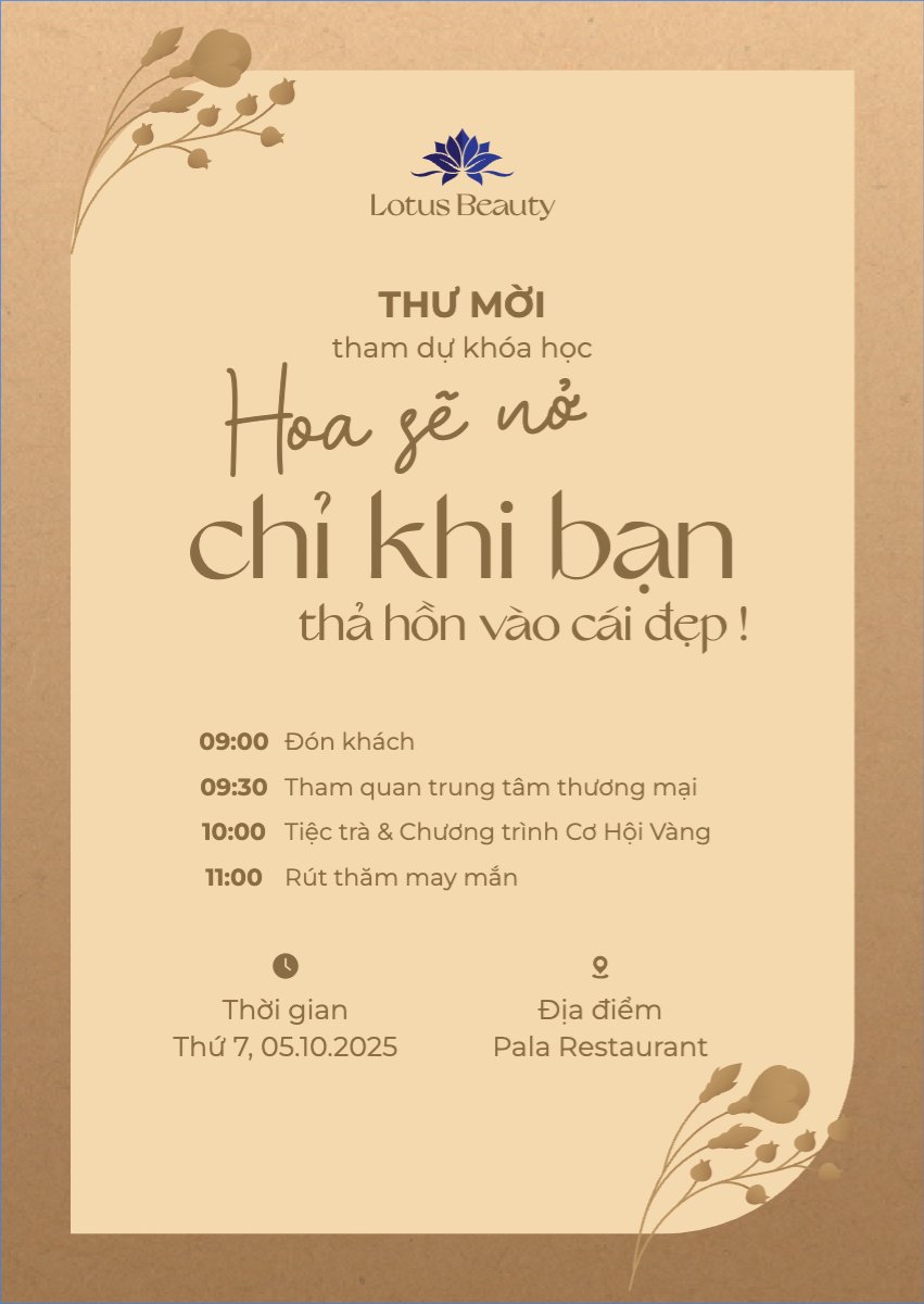 Mẫu Thư mời Spa, beauty, làm đẹp, thẩm mỹ, wedding, sự kiện, event, hoa lá, hiện đại, sang trọng, modern — LayerPic