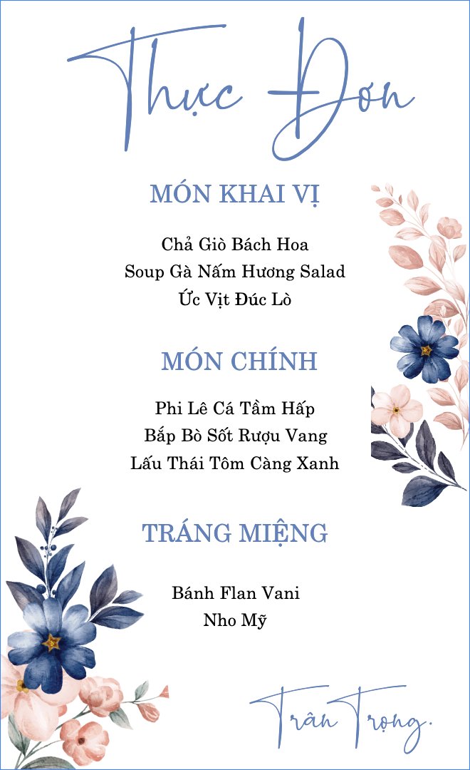 Mẫu Menu để bàn Navy Blush, hoa lá, thiên nhiên, floral, hiện đại — LayerPic
