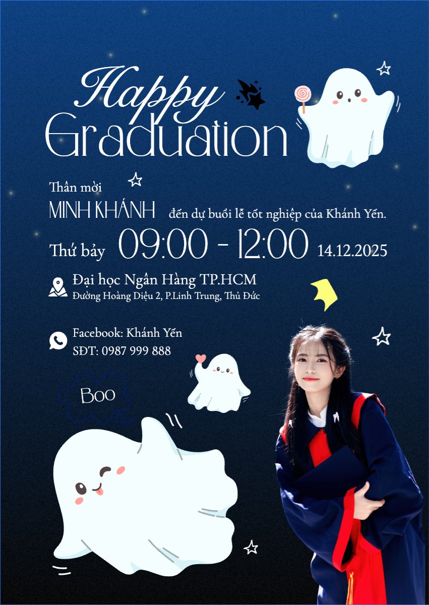 Mẫu Thư mời Tốt nghiệp, graduate, ghost, ma, halloween, sự kiện, event, dễ thương, cute, chibi, hoạt hình, cartoon — LayerPic