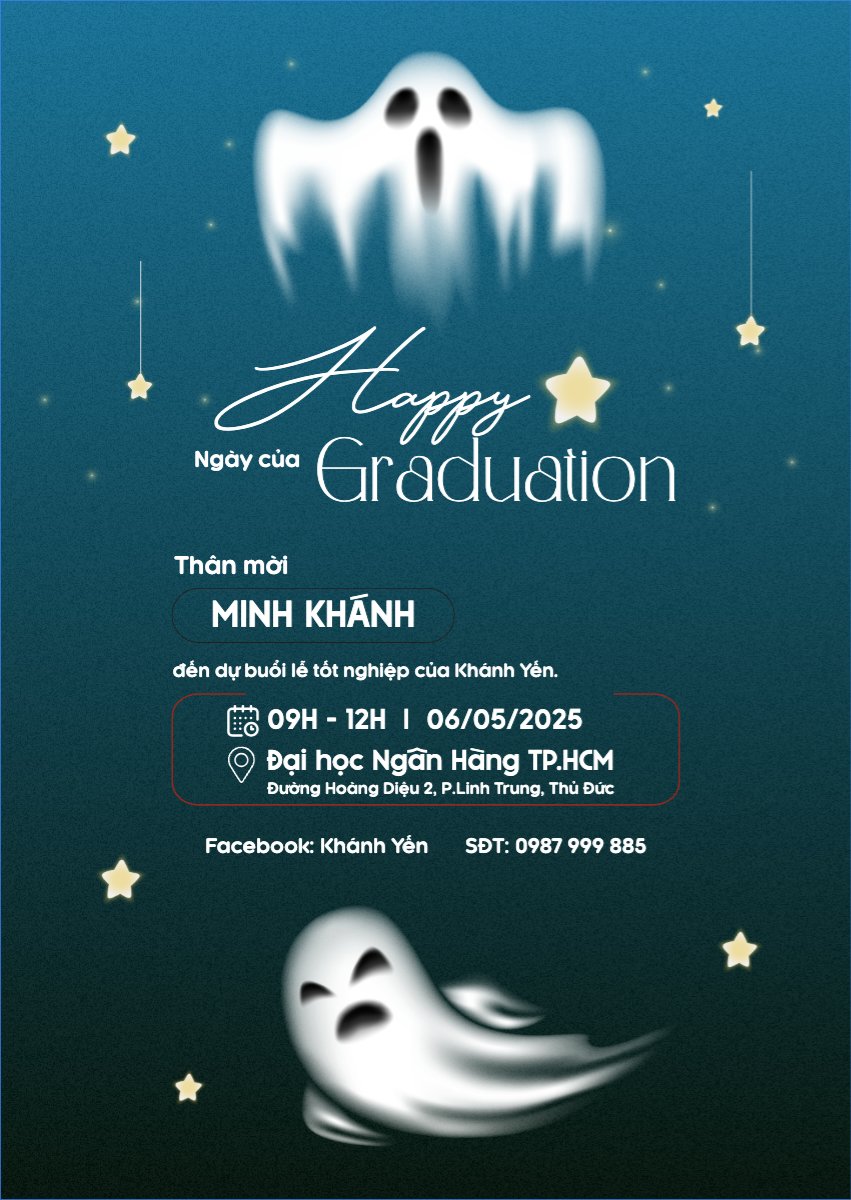 Mẫu Thư mời Tốt nghiệp, graduate, ghost, ma, halloween, sự kiện, event, dễ thương, cute, chibi, hoạt hình, cartoon — LayerPic