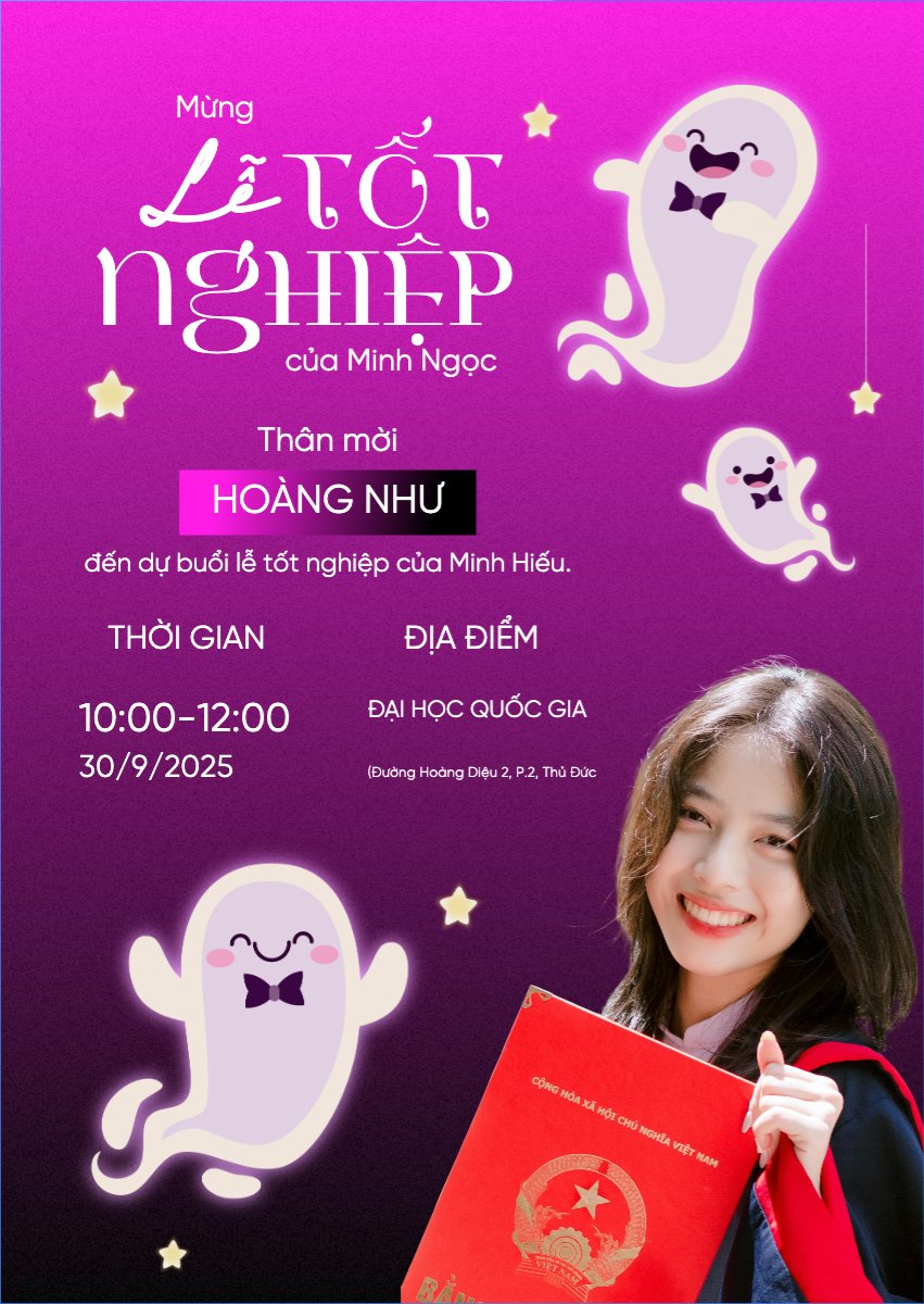 Mẫu Thư mời Tốt nghiệp, graduate, ghost, ma, halloween, sự kiện, event, dễ thương, cute, chibi, hoạt hình, cartoon — LayerPic