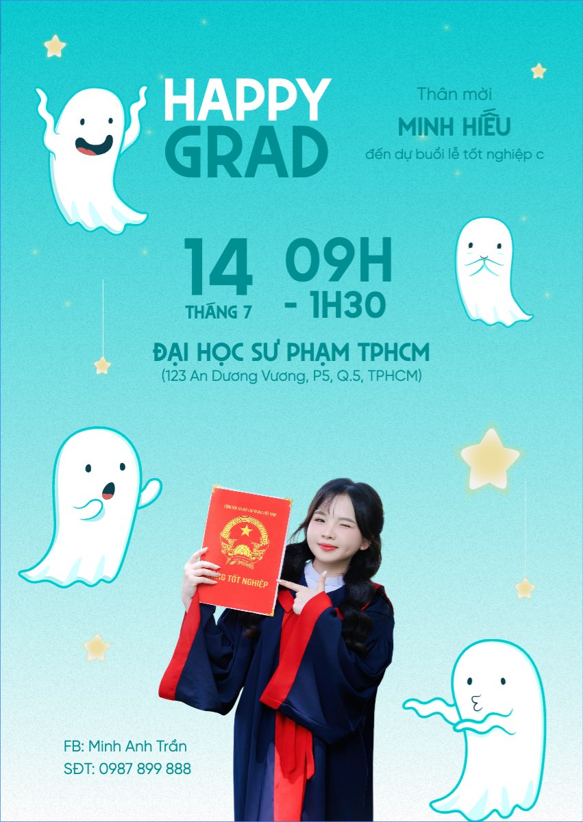 Mẫu Thư mời Tốt nghiệp, graduate, ghost, ma, halloween, sự kiện, event, dễ thương, cute, chibi, hoạt hình, cartoon — LayerPic