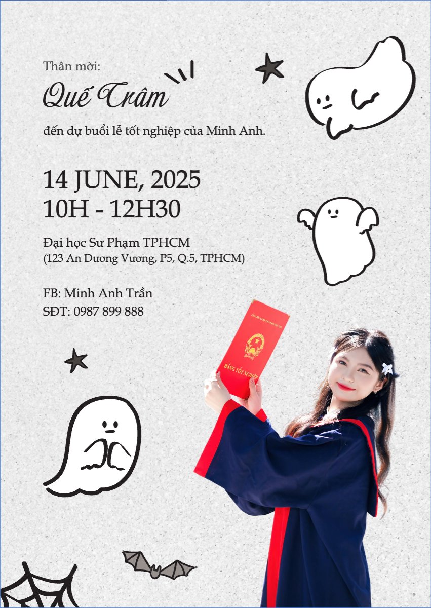 Mẫu Thư mời Tốt nghiệp, graduate, ghost, ma, halloween, sự kiện, event, dễ thương, cute, chibi, hoạt hình, cartoon — LayerPic
