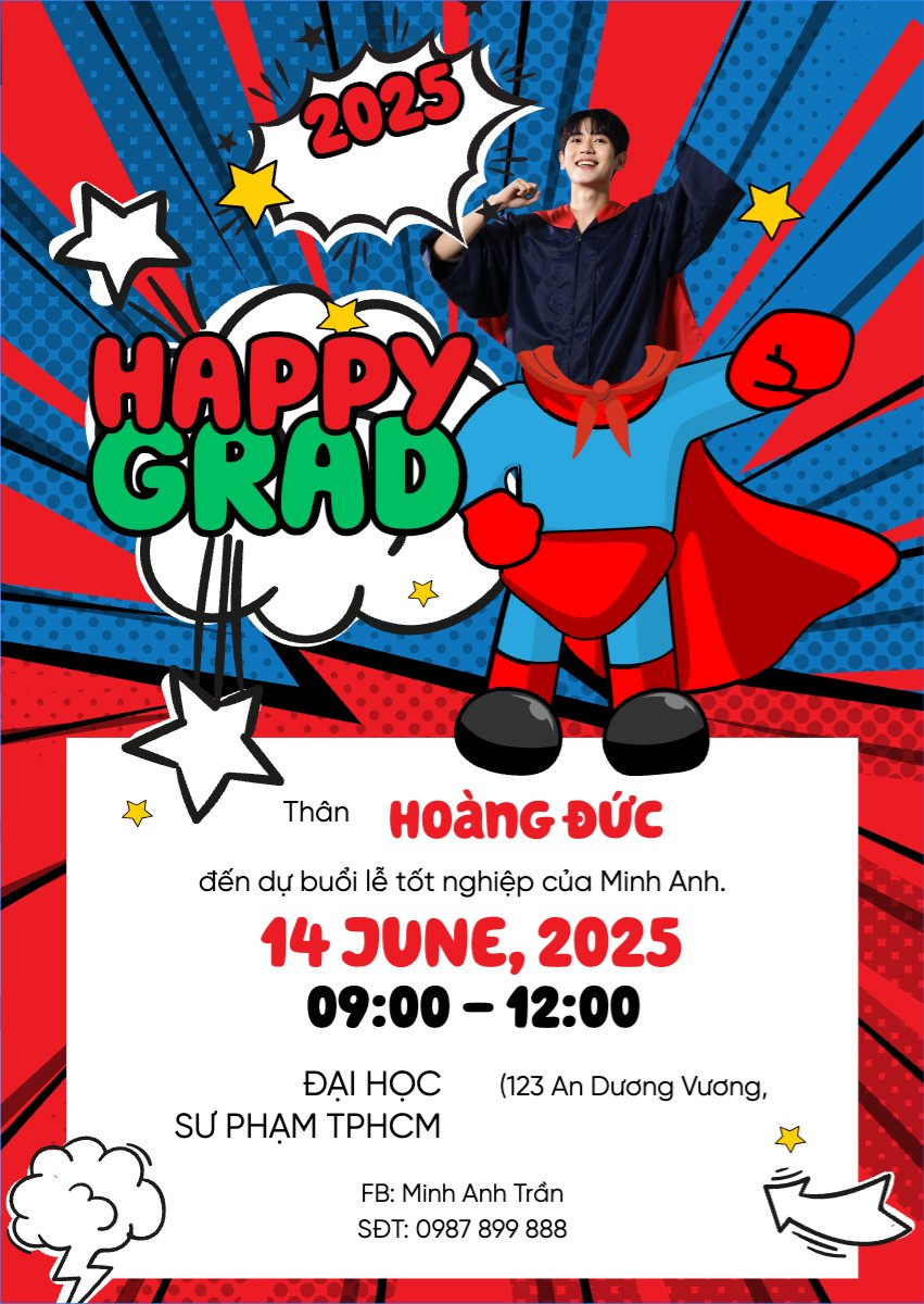 Mẫu Thư mời Tốt nghiệp, kỉ yếu, Graduation, yearbook, dễ thương, cute, chibi, hoạt hình, cartoon, superman — LayerPic