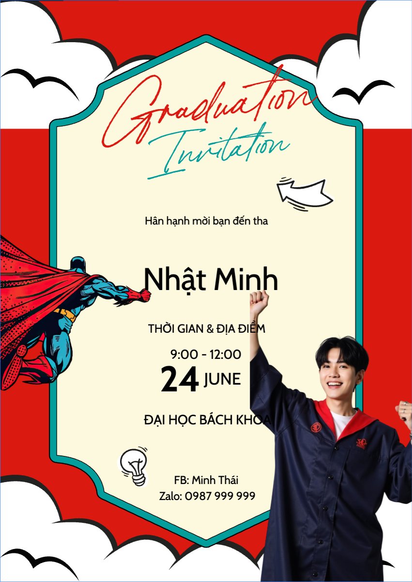 Mẫu Thư mời Tốt nghiệp, kỉ yếu, Graduation, yearbook, dễ thương, cute, chibi, hoạt hình, cartoon, superman — LayerPic