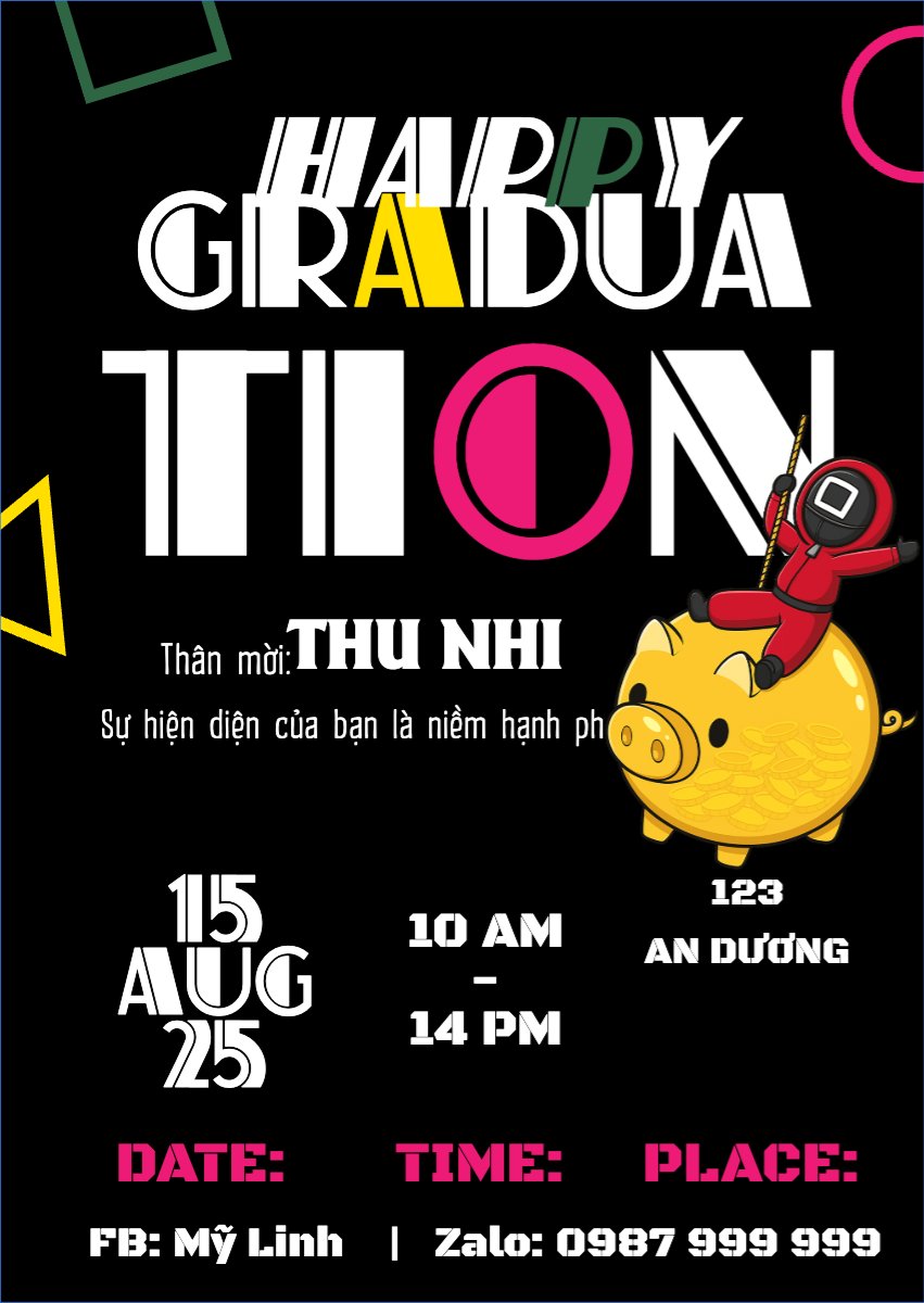Mẫu Thư mời Tốt nghiệp, kỉ yếu, Graduation, yearbook, dễ thương, cute, chibi, hoạt hình, cartoon, squid game — LayerPic