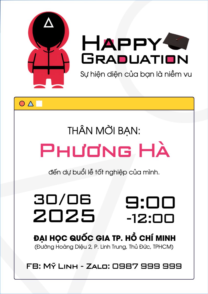 Mẫu Thư mời Tốt nghiệp, kỉ yếu, Graduation, yearbook, dễ thương, cute, chibi, hoạt hình, cartoon, squid game — LayerPic
