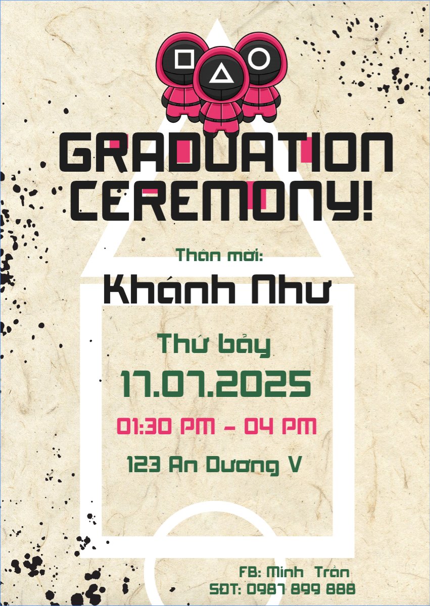 Mẫu Thư mời Tốt nghiệp, kỉ yếu, Graduation, yearbook, dễ thương, cute, chibi, hoạt hình, cartoon, squid game — LayerPic