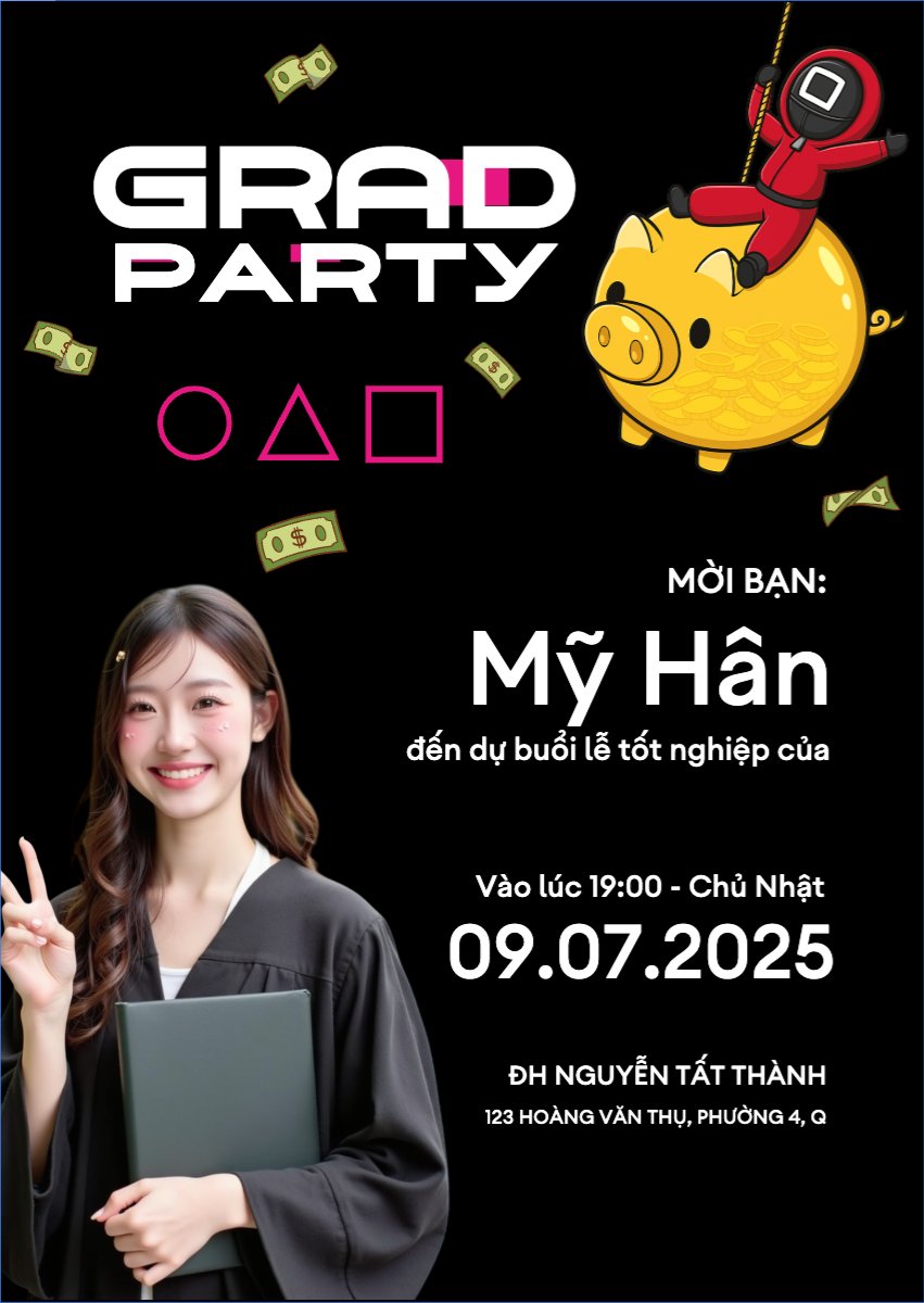 Mẫu Thư mời Tốt nghiệp, kỉ yếu, Graduation, yearbook, dễ thương, cute, chibi, hoạt hình, cartoon, squid game — LayerPic