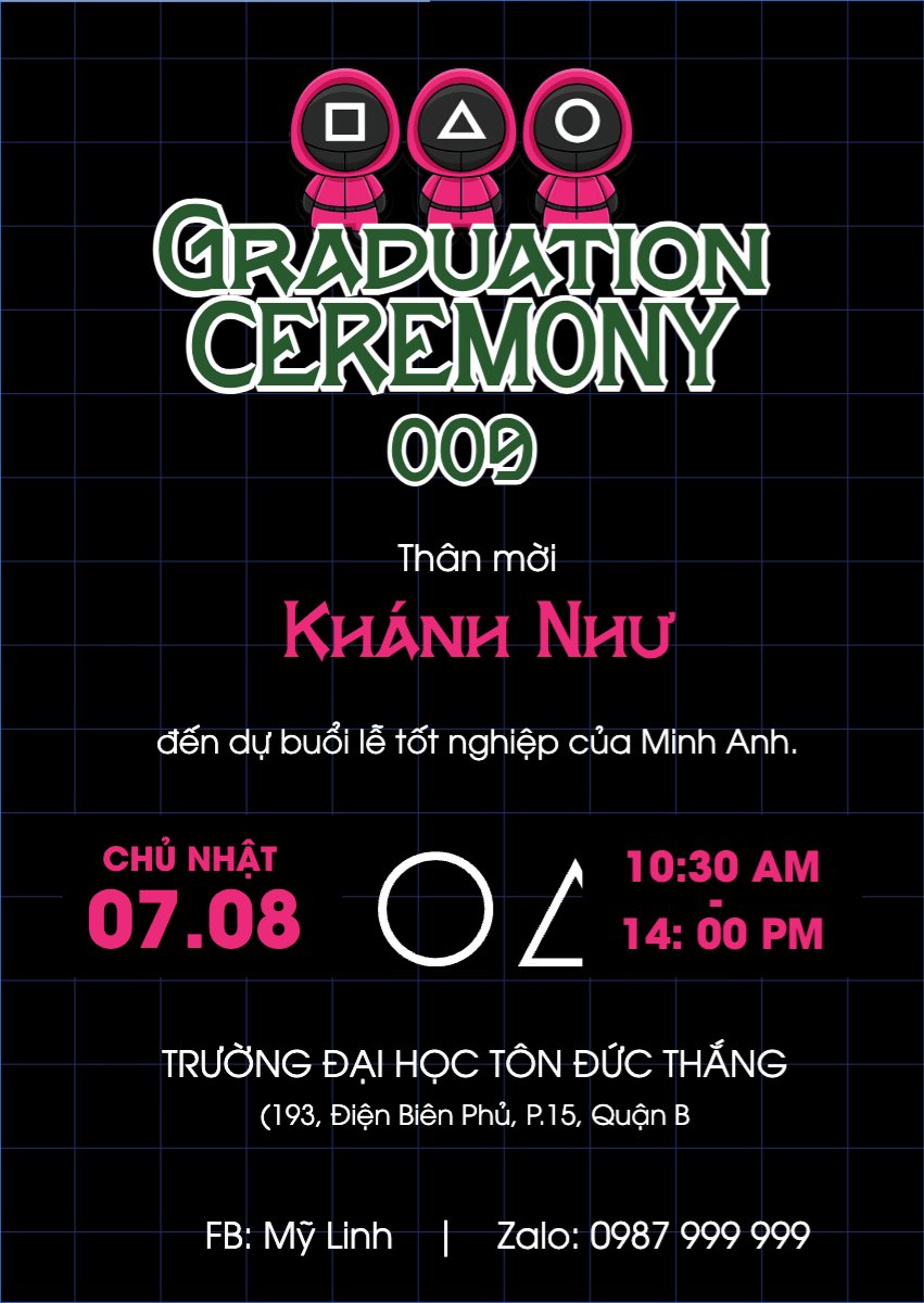 Mẫu Thư mời Tốt nghiệp, kỉ yếu, Graduation, yearbook, dễ thương, cute, chibi, hoạt hình, cartoon, squid game — LayerPic