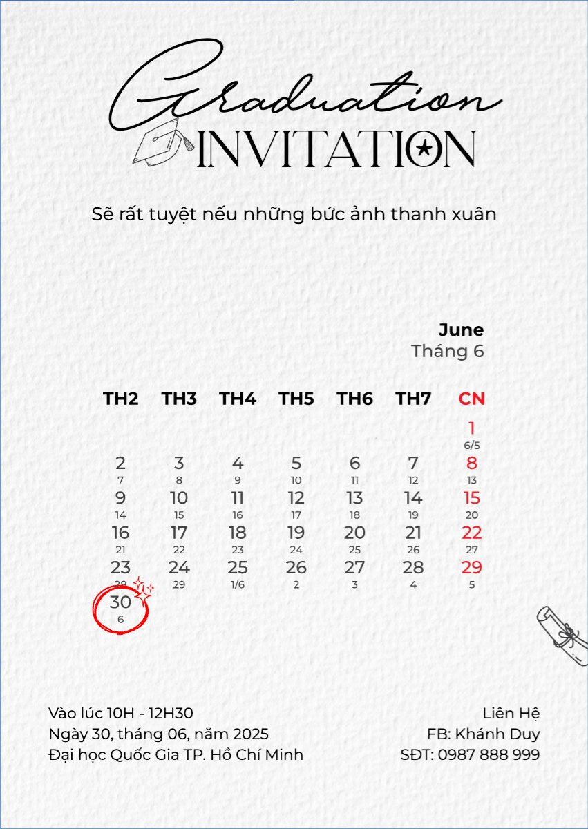 Mẫu Thư mời Tốt nghiệp, kỉ yếu, Graduation, yearbook, đơn giản, simple, minimalist, tối giản — LayerPic