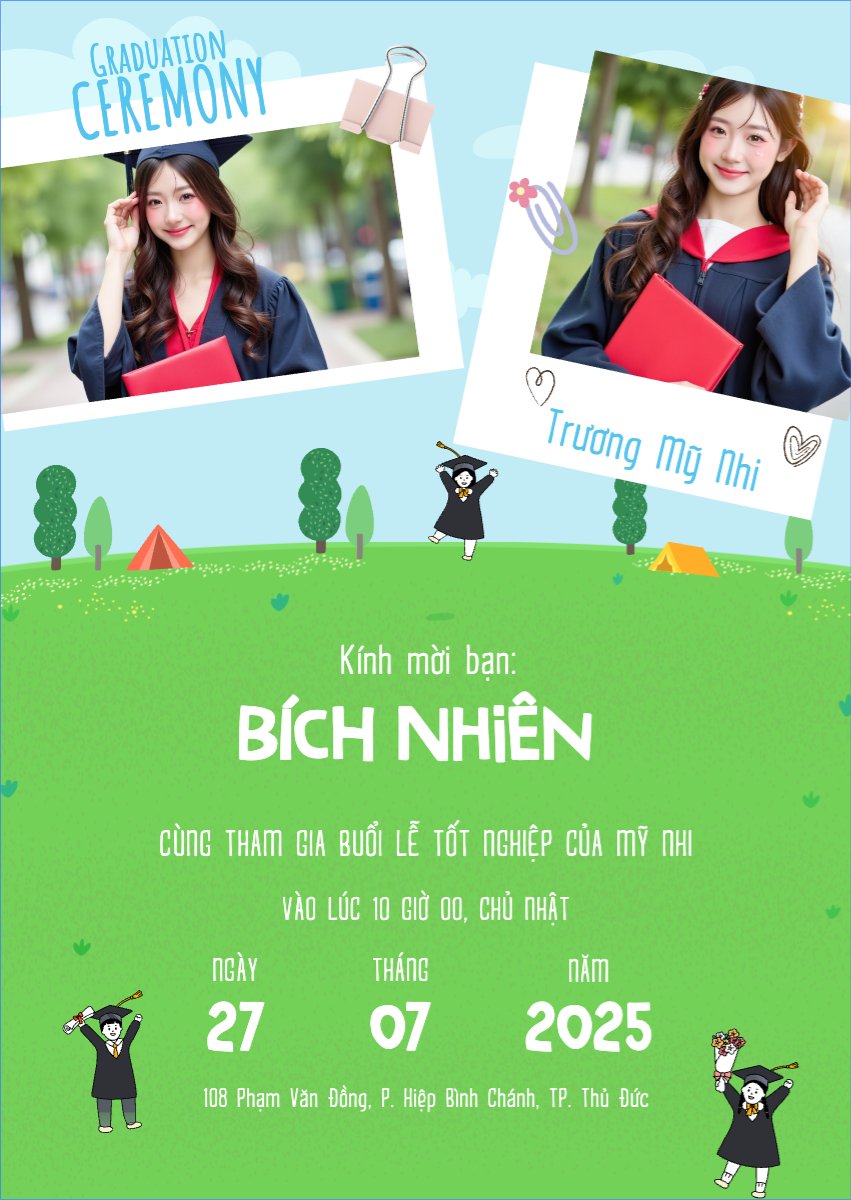 Mẫu Thư mời Tốt nghiệp, kỉ yếu, Graduation, yearbook, dễ thương, cute, chibi, hoạt hình, cartoon — LayerPic